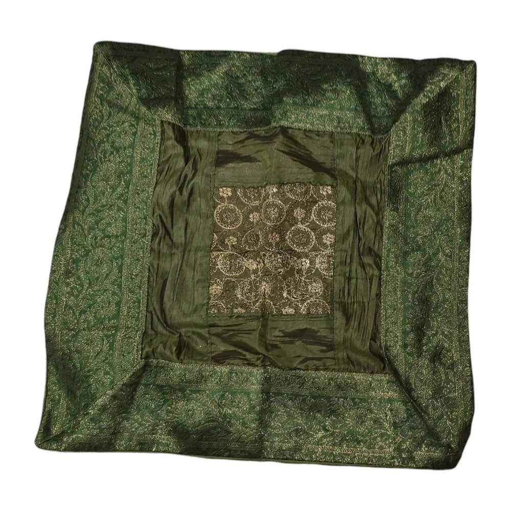 Indian Green and Gold Square Throw Pillowcase 16in